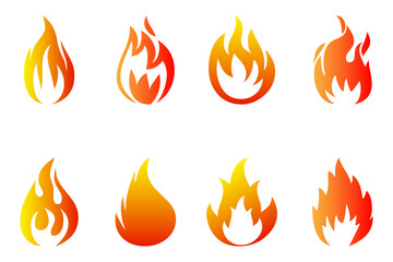 Fire icons in red orange yellow gradient color on white background set 1
