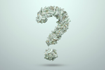 A question mark made of one hundred dollar bills. The concept of investment in a new business, new...