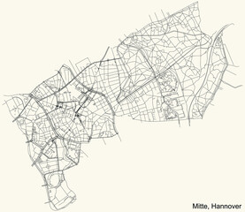 Black simple detailed street roads map on vintage beige background of the quarter Mitte district of Hanover, Germany