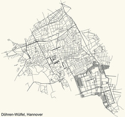 Black simple detailed street roads map on vintage beige background of the quarter Döhren-Wülfel district of Hanover, Germany