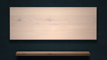 The empty wooden desk tabletop on dark abstract slabs of stone or cement wall with copy space...