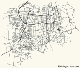 Black simple detailed street roads map on vintage beige background of the quarter Ricklingen district of Hanover, Germany