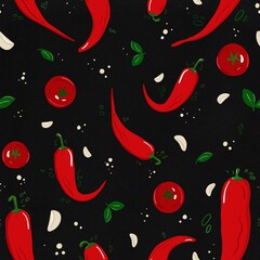 Seamless pattern with pepper, tomatoes , garlic cloves and basil. The illustration is drawn with live lines by hand in the doodle style. Design for clothing fabric and other items.