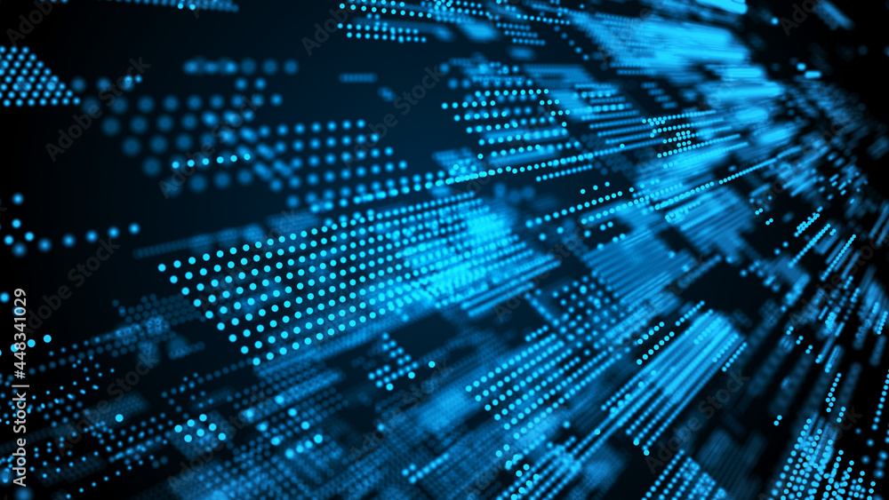 Poster digital technology background. directed stream of luminous particles. big data visualization. 3d ren
