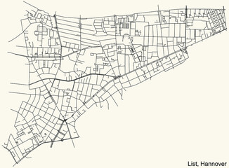 Black simple detailed street roads map on vintage beige background of the quarter List borough district of Hanover, Germany
