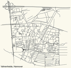 Fototapeta na wymiar Black simple detailed street roads map on vintage beige background of the quarter Vahrenheide borough district of Hanover, Germany