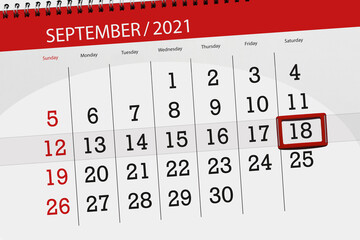 Calendar planner for the month september 2021, deadline day, 18, saturday