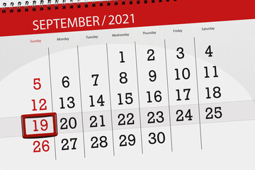 Calendar planner for the month september 2021, deadline day, 19, sunday