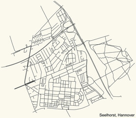 Black simple detailed street roads map on vintage beige background of the quarter Seelhorst borough district of Hanover, Germany