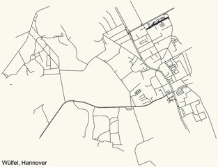 Black simple detailed street roads map on vintage beige background of the quarter Wülfel borough district of Hanover, Germany