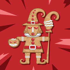 gingerbread witch in a hat with a broom and a pumpkin cartoon on a red isolated background vector image