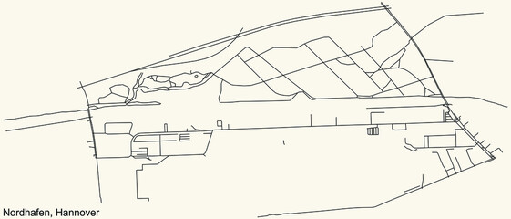 Black simple detailed street roads map on vintage beige background of the quarter Nordhafen borough district of Hanover, Germany