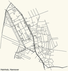 Black simple detailed street roads map on vintage beige background of the quarter Hainholz borough district of Hanover, Germany