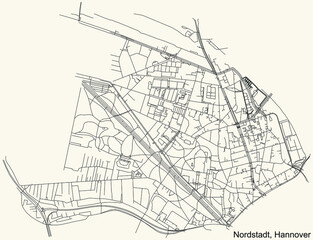 Fototapeta na wymiar Black simple detailed street roads map on vintage beige background of the quarter Nordstadt borough district of Hanover, Germany