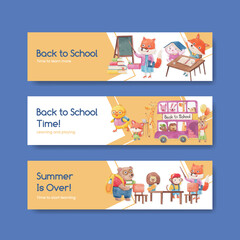 Banner template with back to school and cute animals concept,watercolor style