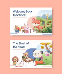 Facebook template with back to school and cute animals concept,watercolor style