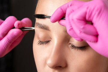 Makeup artist combs  and plucks eyebrows after dyeing in a beauty salon.Professional makeup and...