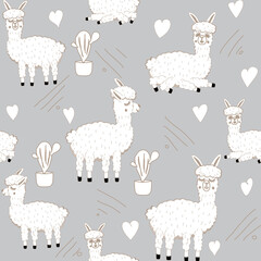 Vector illustration of Sweet Llama or alpaca and cactus. Seamless pattern of Hand draw llama. South america's llama illustration pattern for fabric, wallpaper, for kids goods. Cute Alpaca.