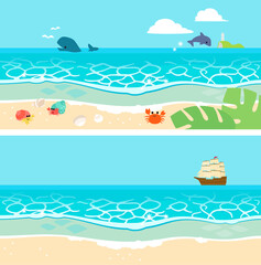 Fototapeta na wymiar 生き物がいる砂浜と海のバナー背景イラスト