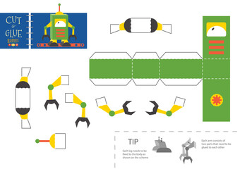 Cut and glue robot toy vector illustration, worksheet.