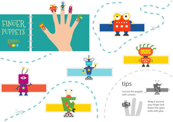 Vector robotics as finger puppets. Cut and glue activity for preschool kids