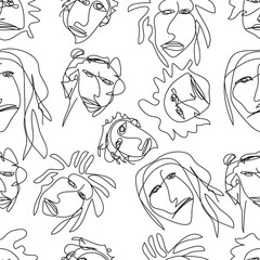 seamless pattern continuous line art man face doodle for web background and print vector design element
