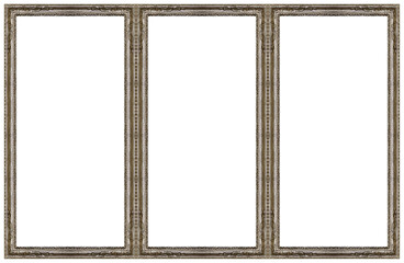 Triple silver frame (triptych) for paintings, mirrors or photos isolated on white background. Design element with clipping path