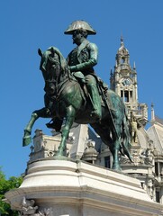 Fototapeta na wymiar Equestrian bronze statue monument to King Peter IV at main square (Praca da Liberdade), Porto, Portugal