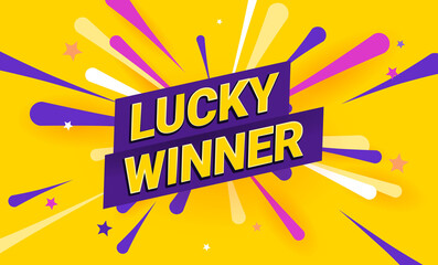 Lucky winner celebration illustration. Rich violet background with text you won and fireworks and stars on the background. Template banner for website, mailing or print. - obrazy, fototapety, plakaty
