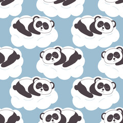 panda sleeping on a cloud seamless pattern. hand drawn doodle. vector, minimalism. nursery animal, cute decor for kids room. newborn, wallpaper, textile, wrapping paper. © Ирина Самойлова