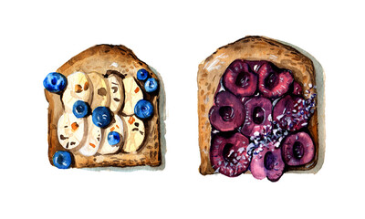 Watercolor vegan sandwiches, toasts with cherries, bananas and blueberry. Food art, tasty drawing. Illustration for cookbook or kitchen poster. Raster stock image in bright realistic style.
