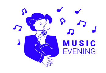 Singing woman vector illustration. Character with floating musical notes. Vocalist in flat linear style. Modern design for karaoke or music evening posters and events.