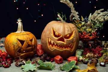  Halloween Still life with Jack-o-Lantern pumpkin.