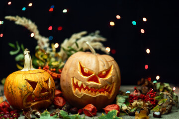  Halloween Still life with Jack-o-Lantern pumpkin.