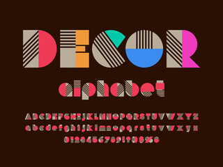 Art deco style alphabet design with uppercase, lowercase, numbers and symbols - obrazy, fototapety, plakaty