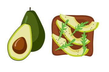 Sandwich with arugula and avocado. Snack. Overhead view of isolated Breakfast snacks on toast vector flat. For menu, cafe, restaurant, poster, banner, emblem, sticker. Healthy green