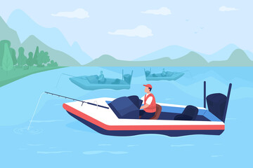 Fishing tournament in boats flat color vector illustration. Competing for winning cash prize. Young, inexperienced angler 2D cartoon character with lake landscape and powerboats on background - obrazy, fototapety, plakaty