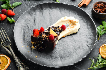 Marmalade dessert with berries and cream. Top view. Free space for text.