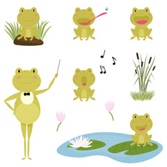 Fototapeta premium Cute cartoon frog with different facial expressions and emotions. Green frog-conductor, chorus of frogs, frog sings