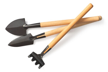 Gardening tools isolated on white background, top view