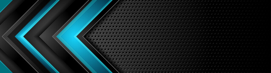 Black and blue arrows on dark perforated background. Vector hi-tech geometric banner design