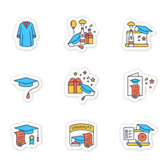 Graduation sticker icons set. Personal growth, professional development badges for designs.Party, academic career and special uniform vector emblems