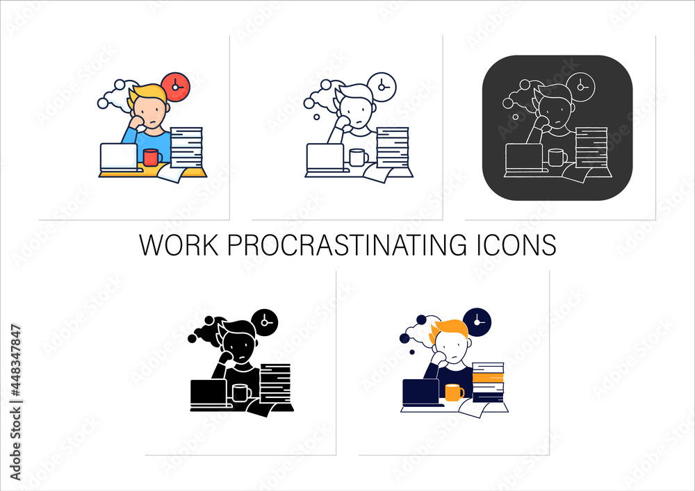 Poster work procrastinating icons set.unnecessarily postpone dealing work-related tasks. tired person.overl