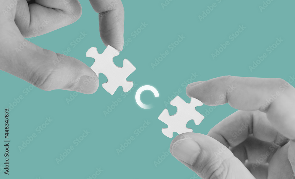 Poster hands connecting jigsaw puzzle, with loading icon