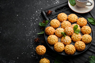 Sweet coconut cookies. Sweets. Top view, free copy space.