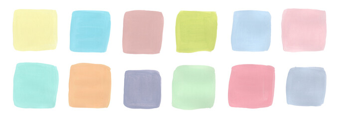 Abstract gouache square shapes. Watercolor paint strokes. Gouache paint backgrounds isolated on white. Pastel colors textures.