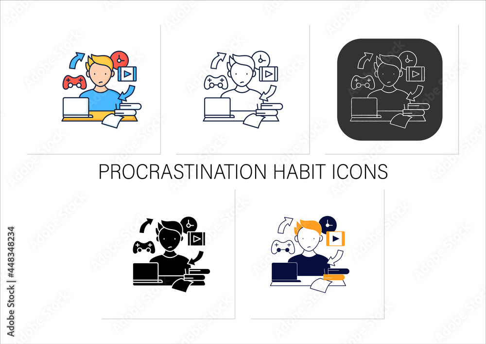 Poster procrastination habit icons set. routine procrastinating process. day plan. daily habits. overload c