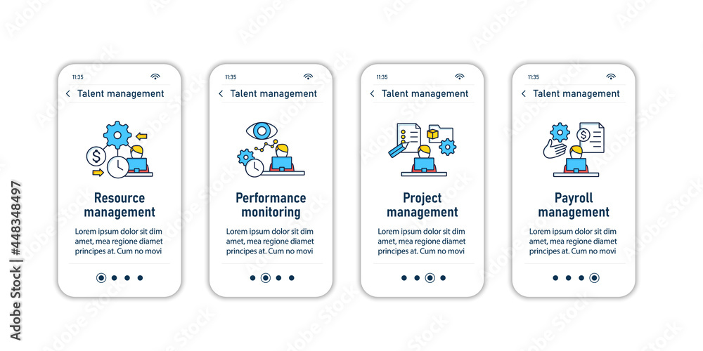 Poster talent management onboarding mobile app screens.recruitment. talent development.business practice st