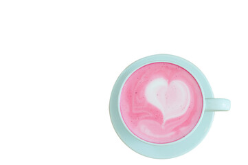 Rose tea with pink cream and white heart serve in white cup isolate on white background with clipping path.