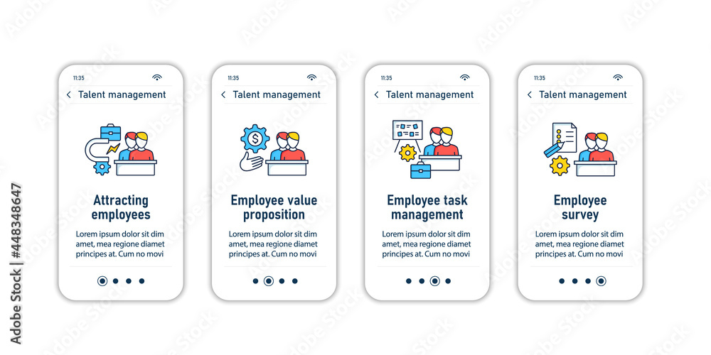 Poster talent management onboarding mobile app screens.recruitment. talent development.business practice st
